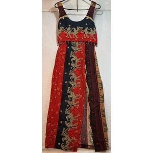 Vintage Just Choon Camel Star Print Beaded Fringe Maxi Dress Red Black Size 5
